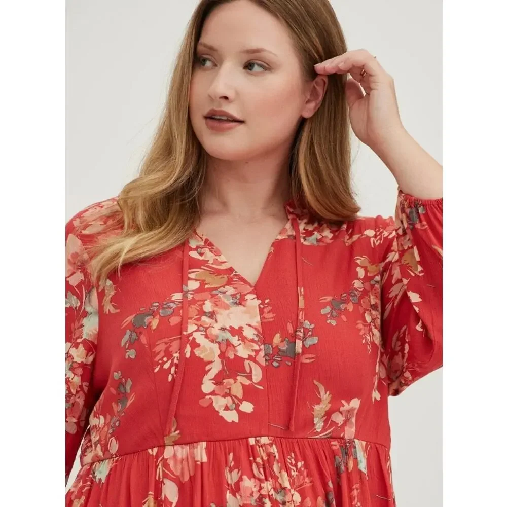 Torrid Voluminous Crinkle Gauze Floral Red Dress | Size 0 (Fits L/12) - Picture 3 of 11